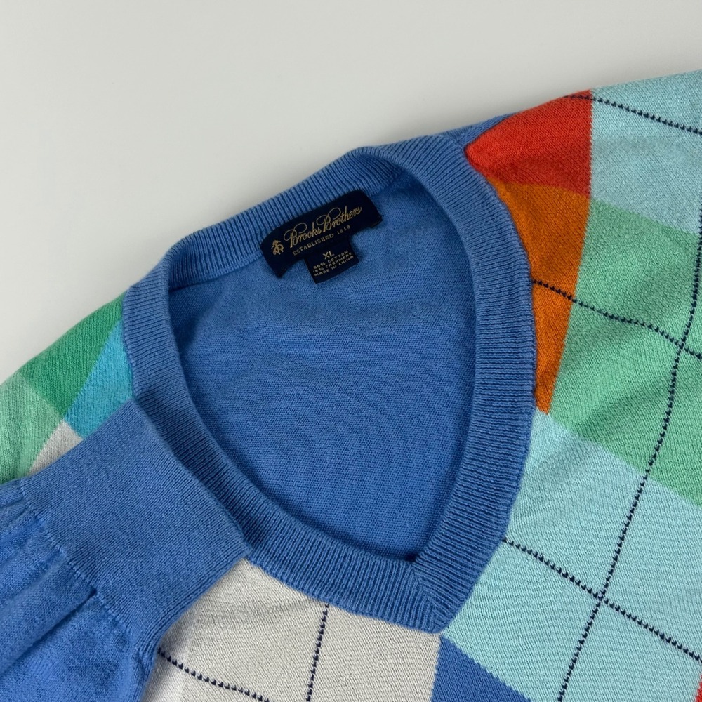 Brooks Brothers Mens XL Argyle V-Neck Sweater Cotton Cashmere Blue Multi Color